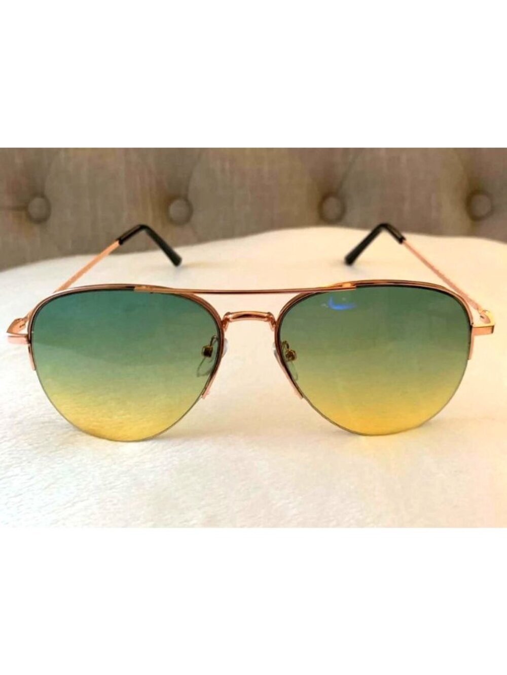 Aviator Style Sunglasses W/ Rose Gold Frame & Green/Yellow Gradient Lens Unisex